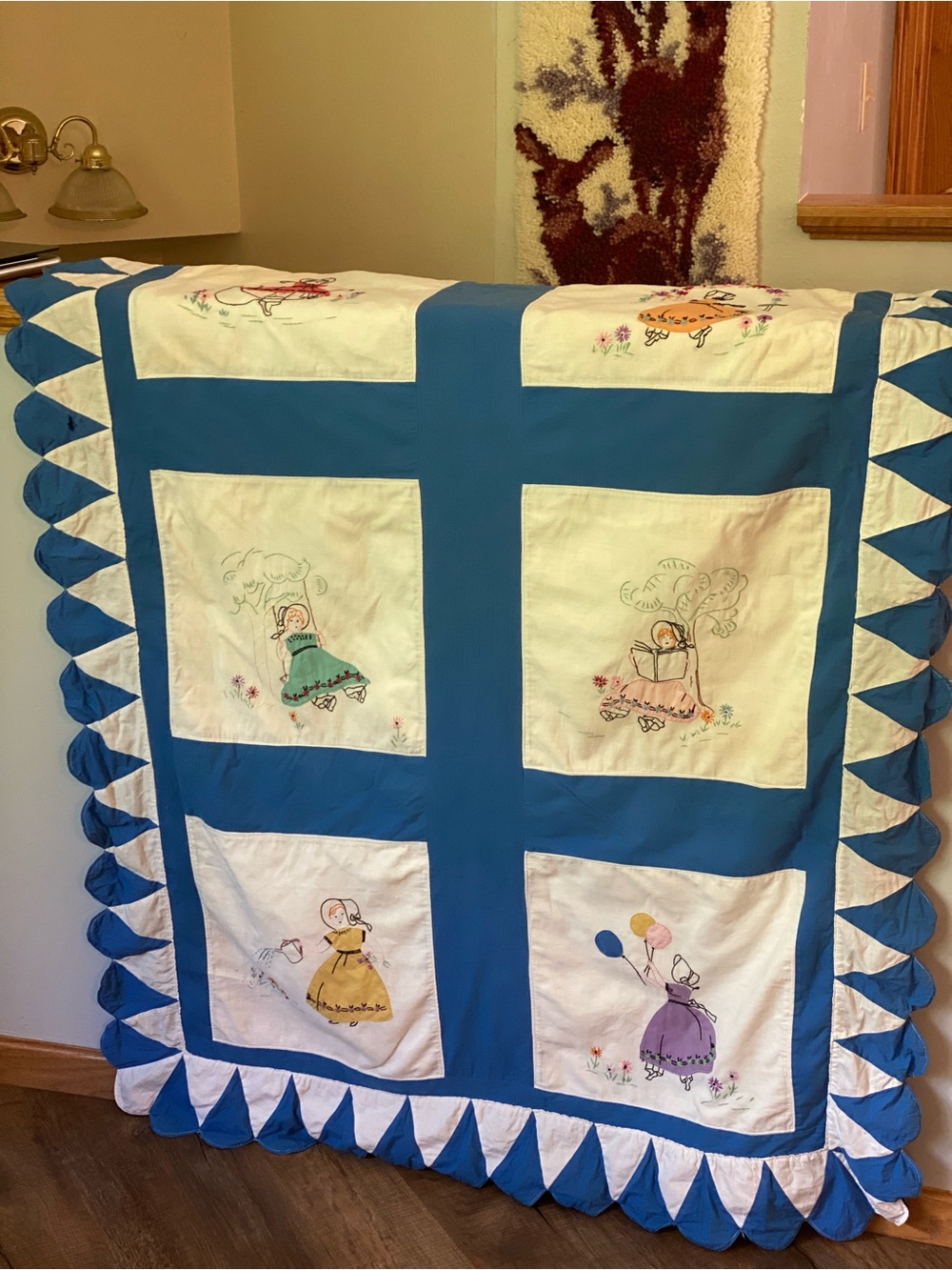 Hand-Embroidered Blue & Vintage Quilt